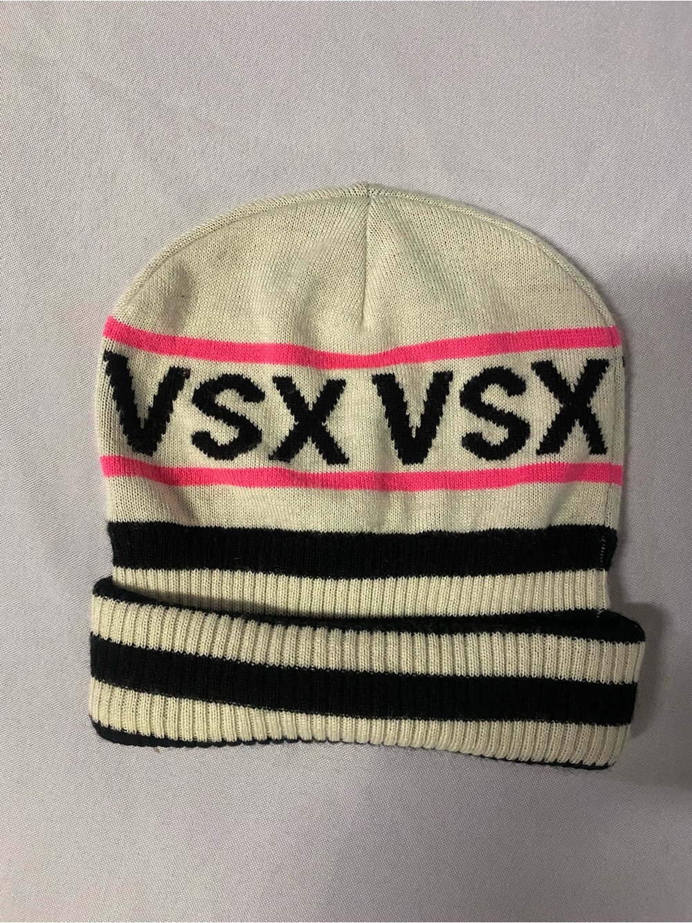 VSX Woman’s Cream & Black Knit Beanie with Pink Accent